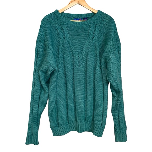 Vintage Mighty Mac Teal Chunky Cable Knit Crewneck Acrylic Sweater Size XL - Picture 1 of 6